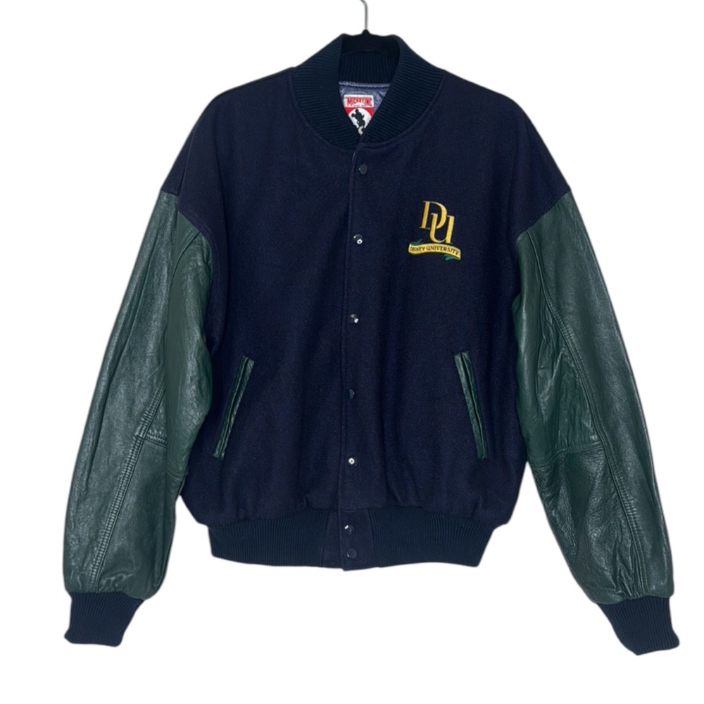 Mickey INC. Disney University Blue Wool Green Leather Varsity Jacket USA Size L